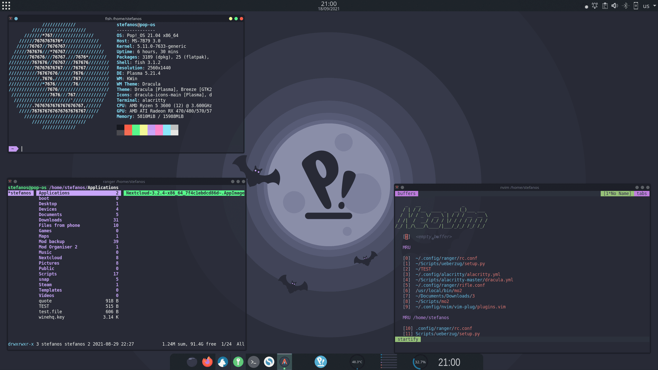 r/unixporn Pop!_OS with KDE and the Dracula theme