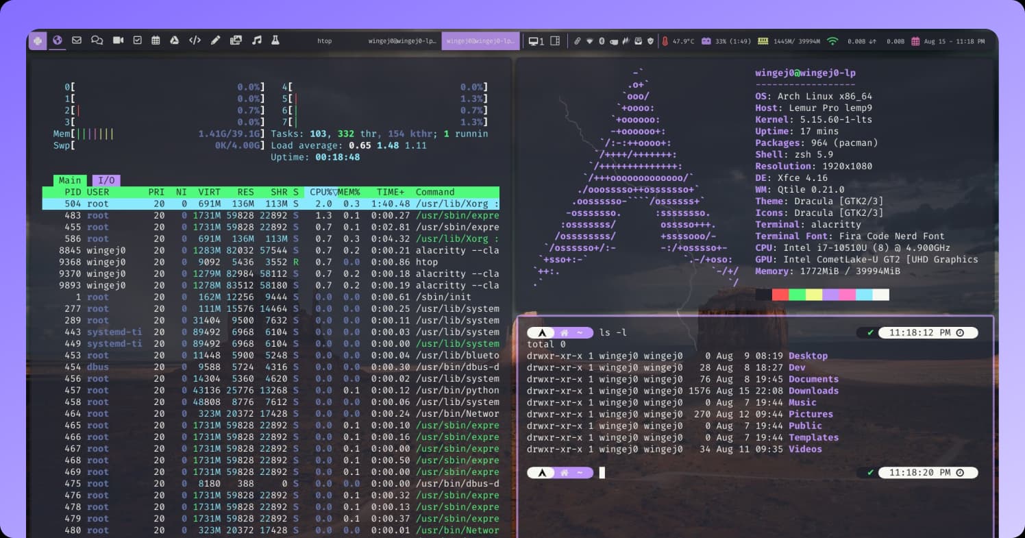 Jeff Winget Qtile rice setup with Dracula Theme