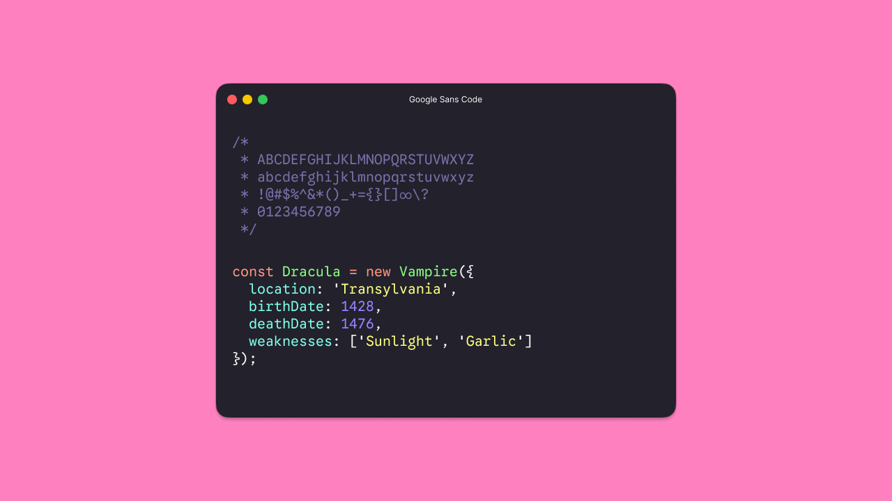 Google Sans Code monospace coding font specimen