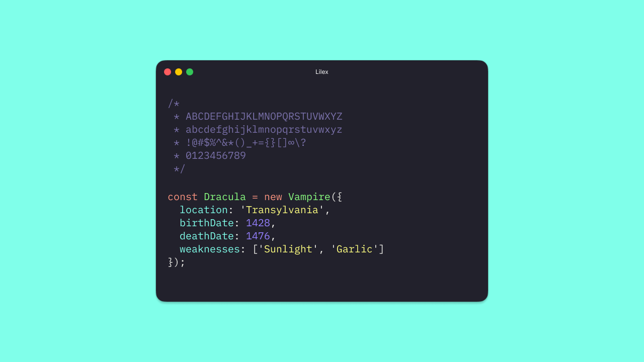Lilex monospace coding font specimen
