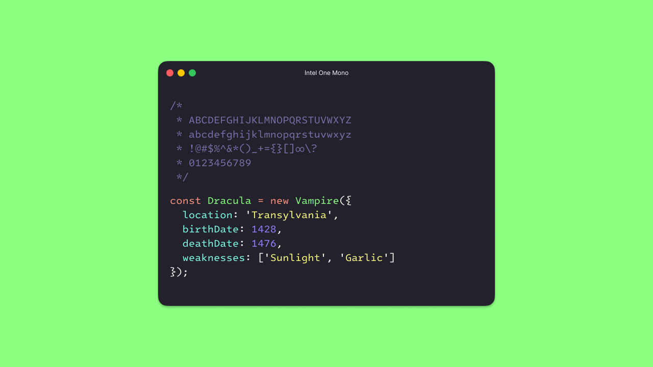 Intel One Mono monospace coding font specimen