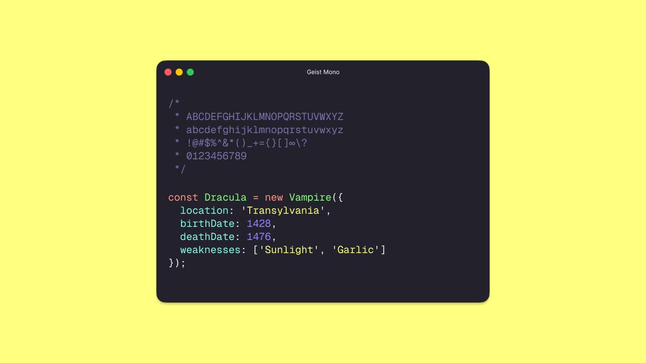 Geist Mono monospace coding font specimen