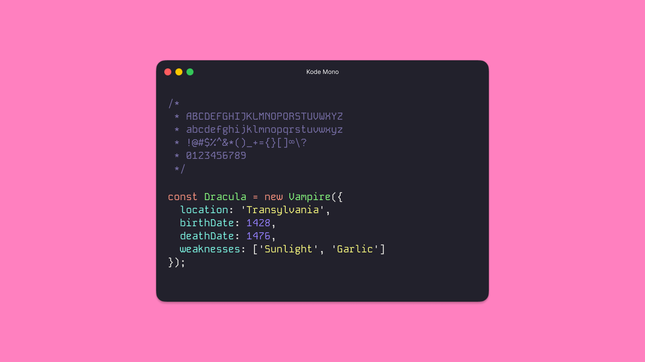 Kode Mono monospace coding font specimen