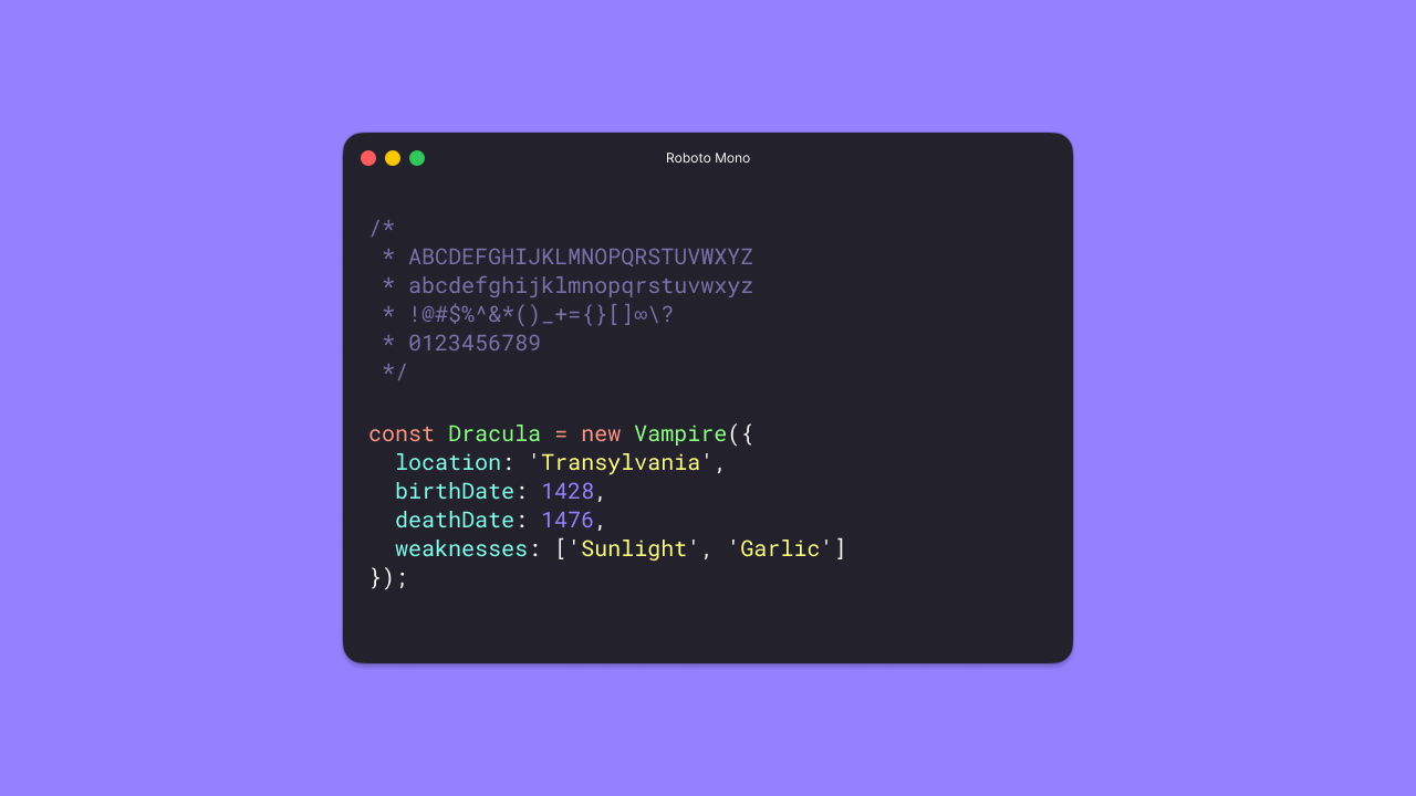 Roboto Mono monospace coding font specimen