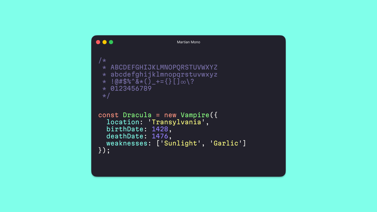 Martian Mono monospace coding font specimen