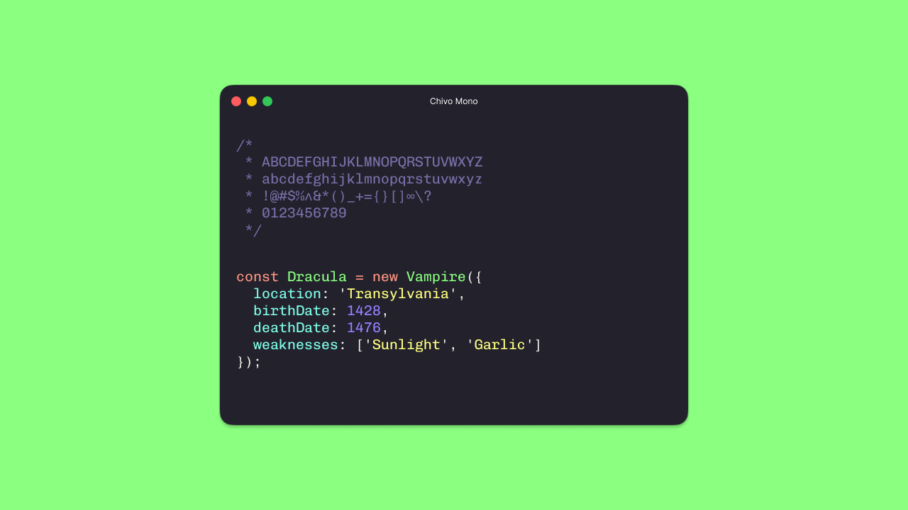 Chivo Mono monospace coding font specimen