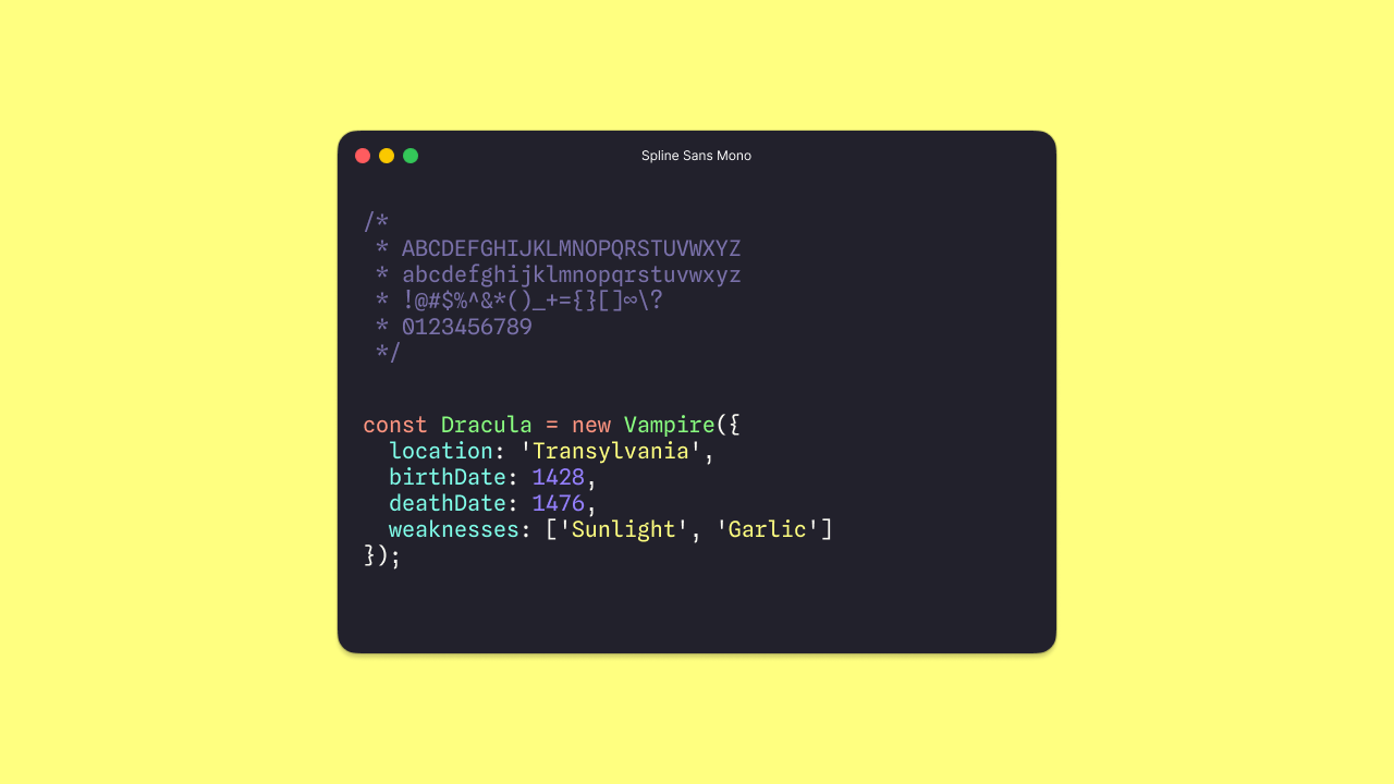Spline Sans Mono monospace coding font specimen