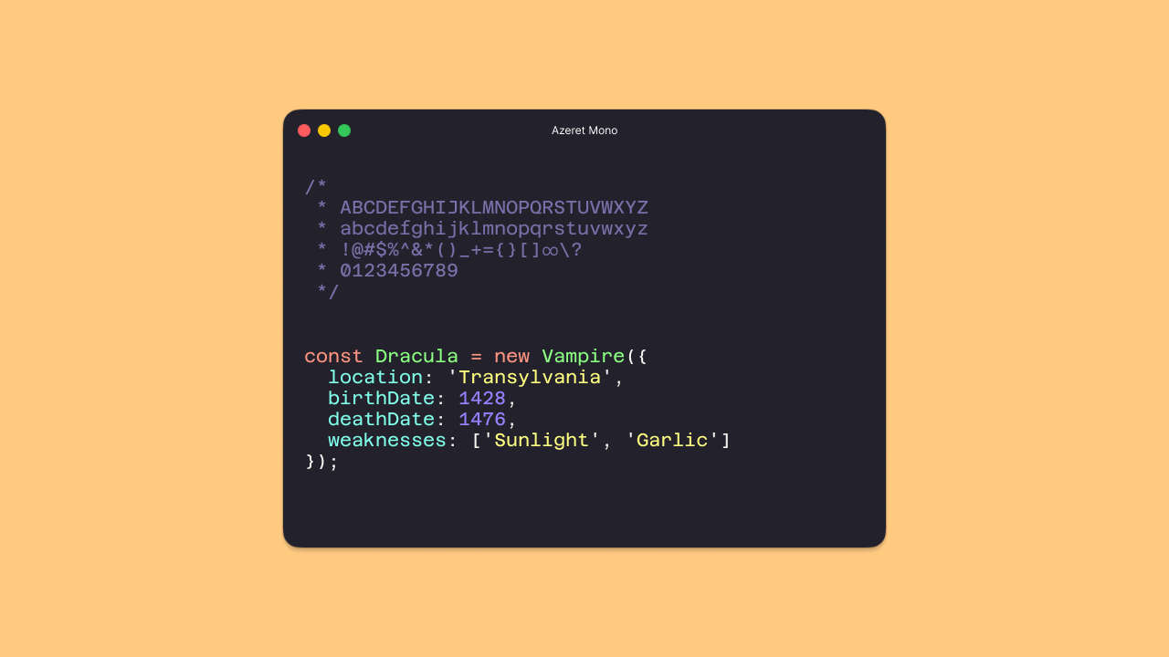 Azeret Mono monospace coding font specimen