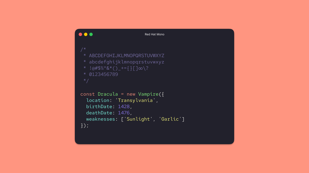 Red Hat Mono monospace coding font specimen