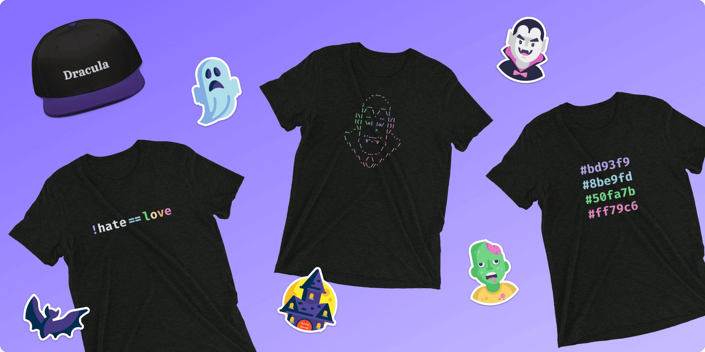 T-shirts, stickers and a hat from Dracula Shop