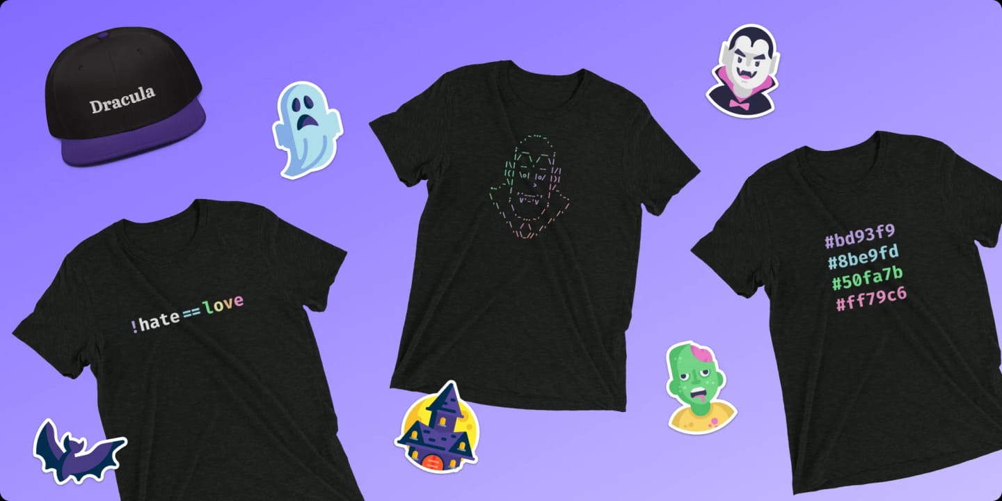 T-shirts, stickers and a hat from Dracula Shop