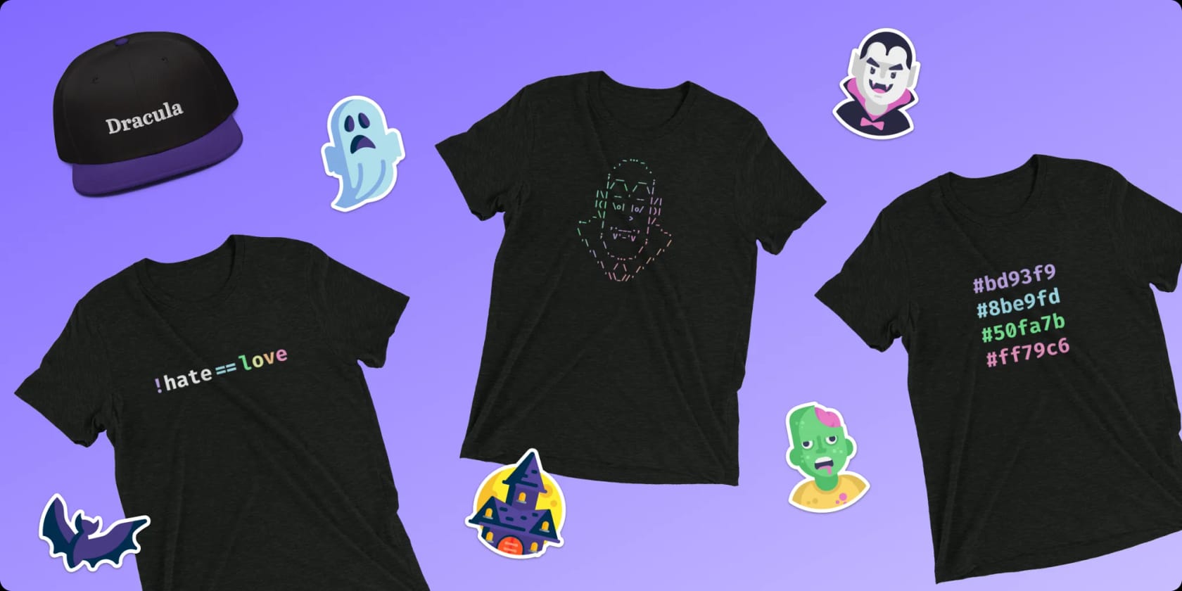 T-shirts, stickers and a hat from Dracula Shop
