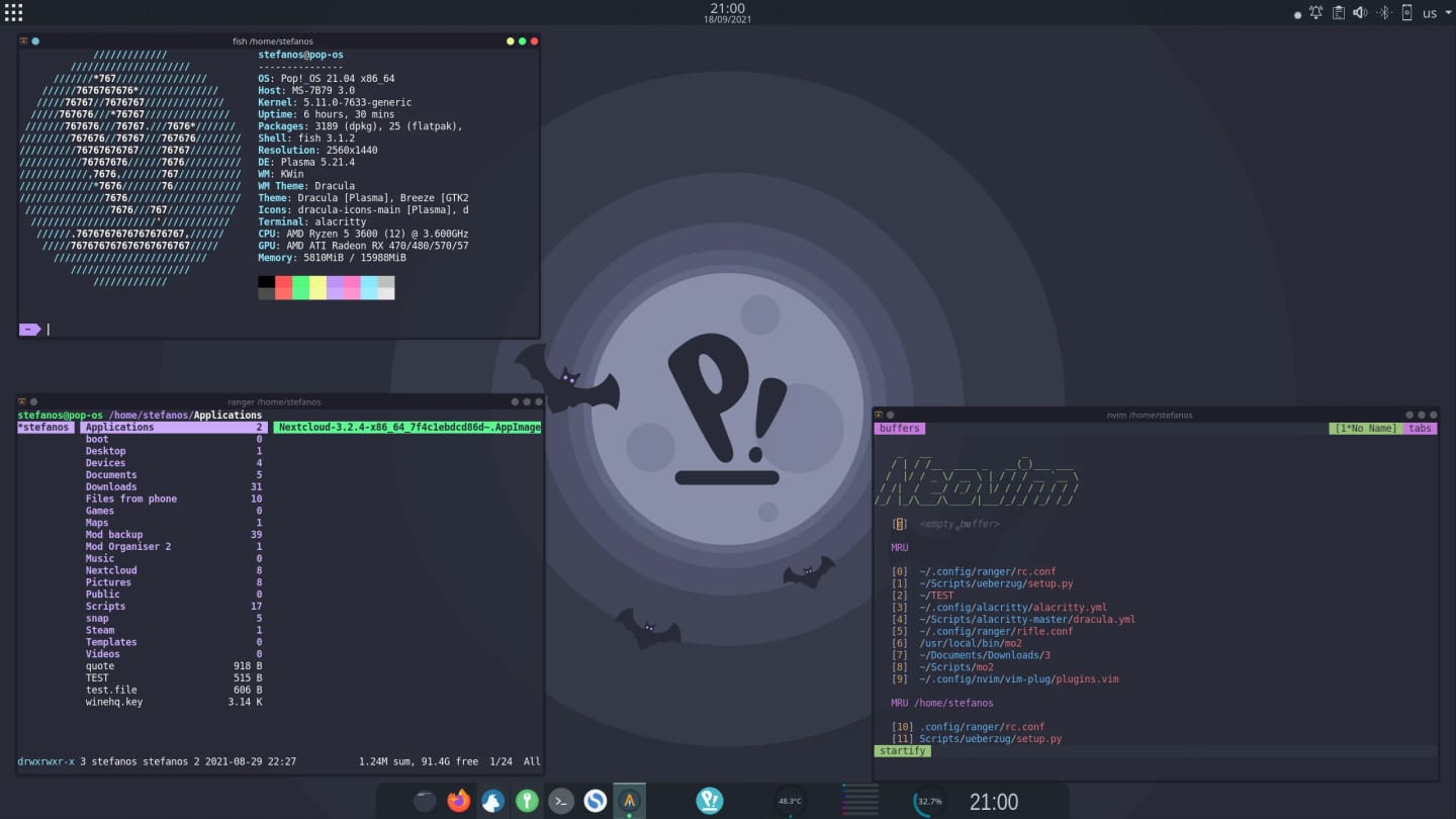 r/unixporn Pop!_OS with KDE and the Dracula theme