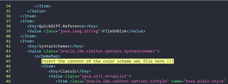 Insert the contents of color scheme xml file after opening schemeMap tag