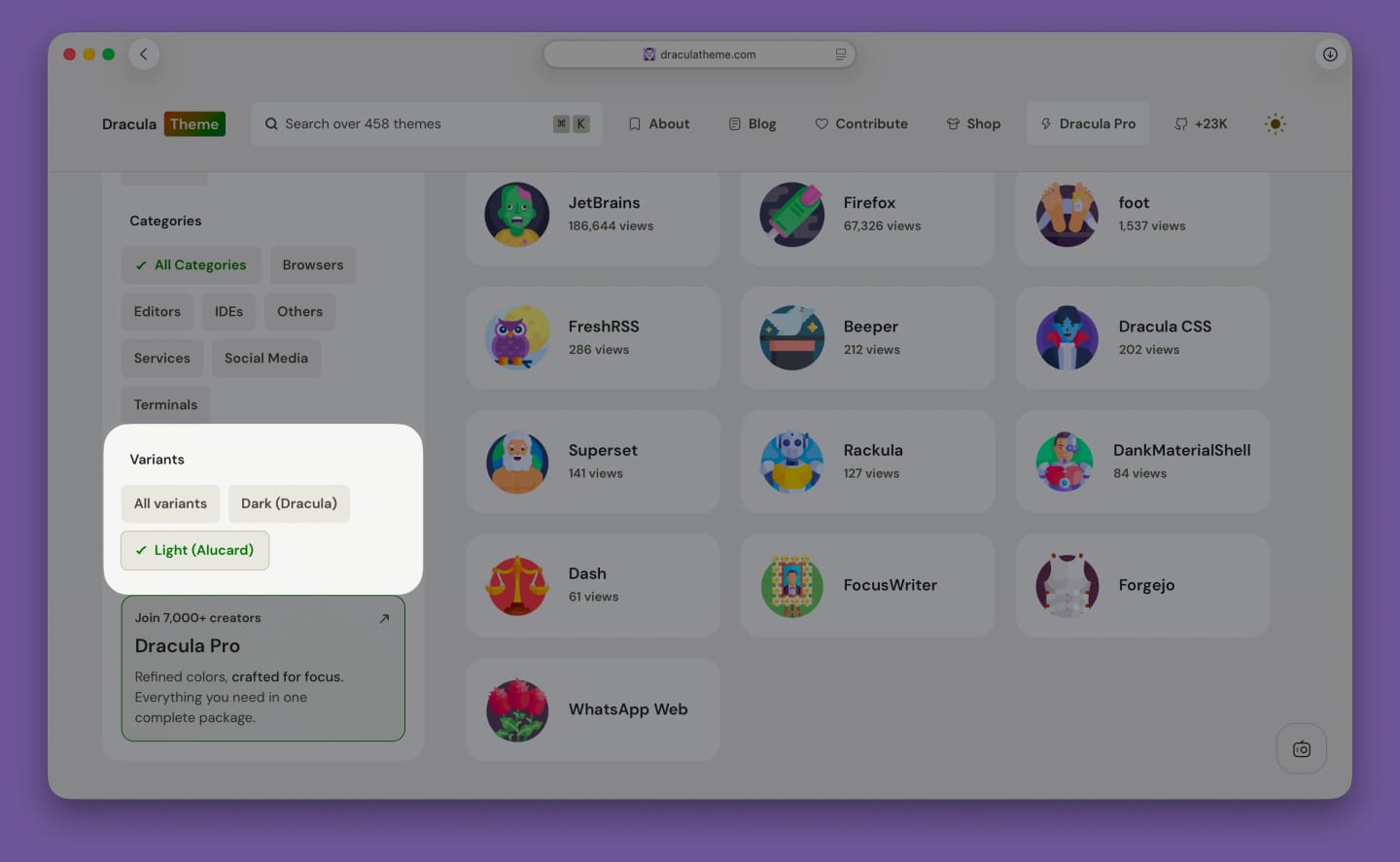 Variants filter on the homepage