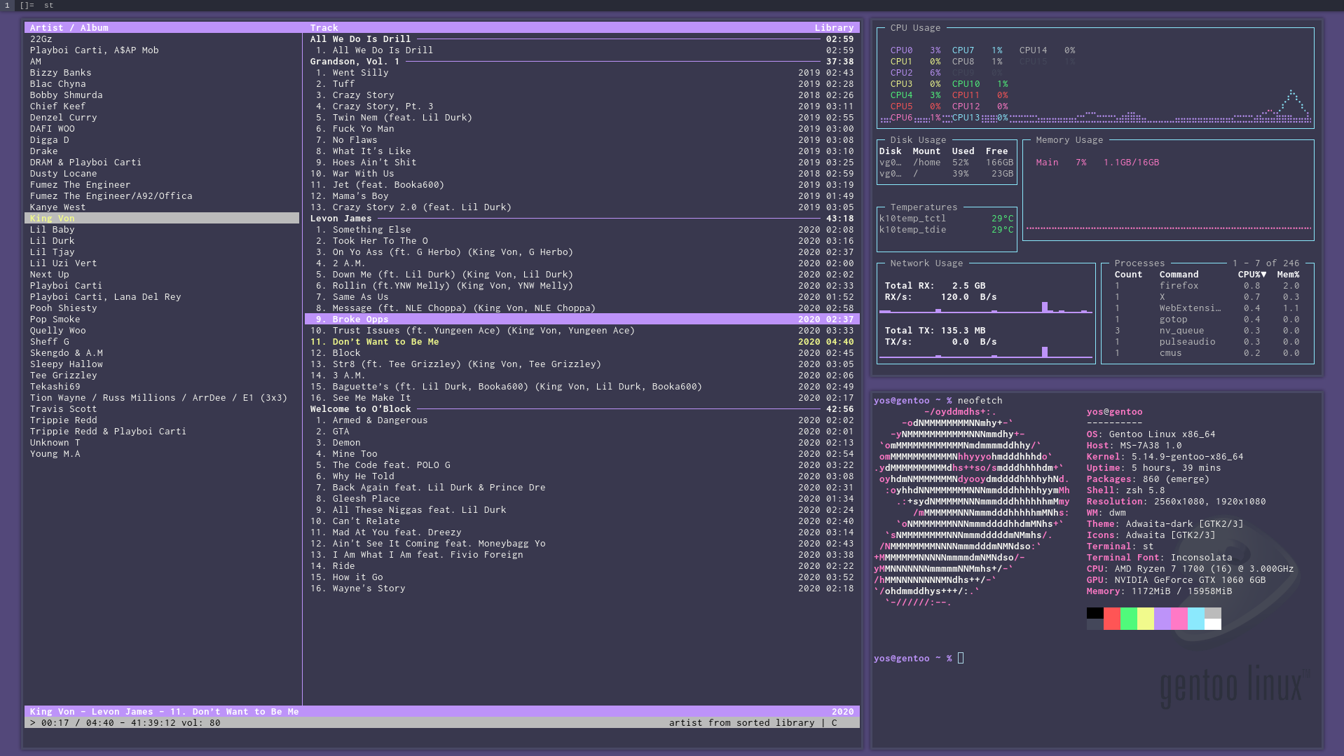 u/YosKing0 Gentoo (OS), dwm (window manager), and cmus (music player) setup with Dracula